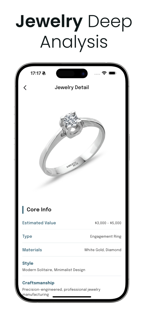 Jewelry - Antique Identifier - Captura de pantalla de la aplicación Identificador de Joyería Antigua mostrando un análisis profundo de un anillo de compromiso con valor estimado y detalles de materiales