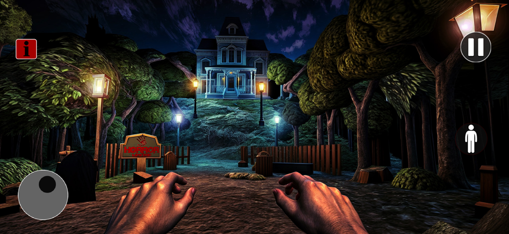 Mummy: Escape Horror Games - First person view of a player approaching a spooky haunted mansion at night in a forest