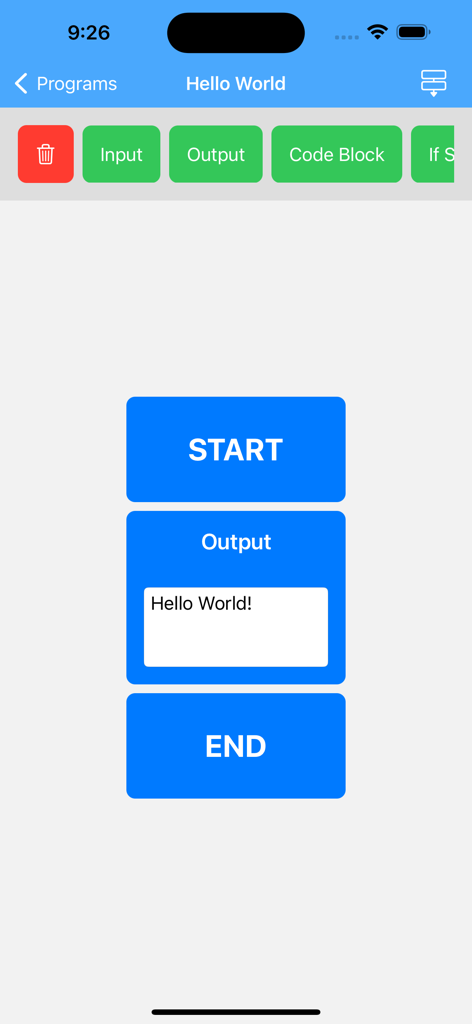 Flowcharts: Visual Compiler - Mobile interface of a visual logic builder showing blocks for start, output with text Hello World, and end