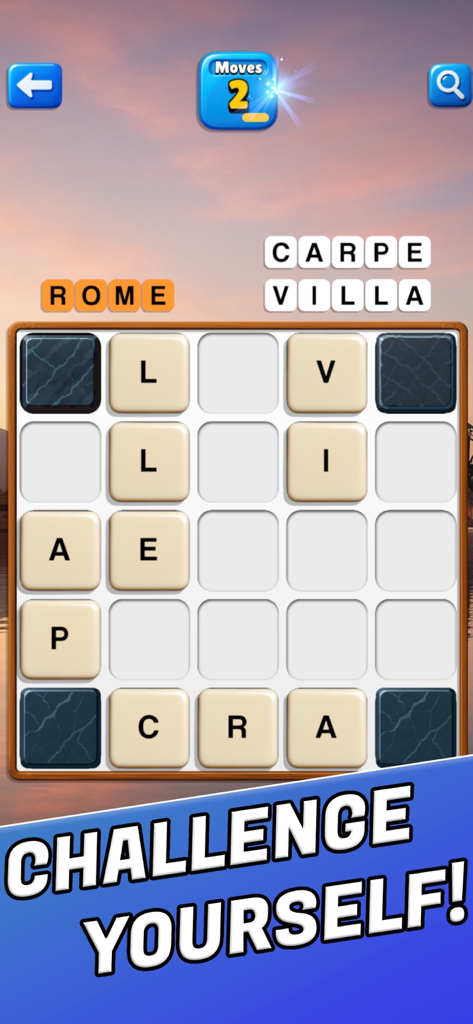Word Slide Puzzle Vacation - Gameplay screenshot of Word Slide Puzzle Vacation showing a sliding letter grid to spell words like Rome and Villa