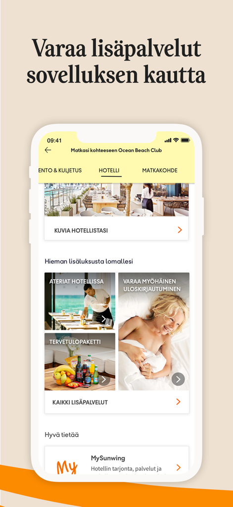 Tjäreborg – Matkat mukanasi - Tjareborg app screen displaying options to book hotel meals and late checkout