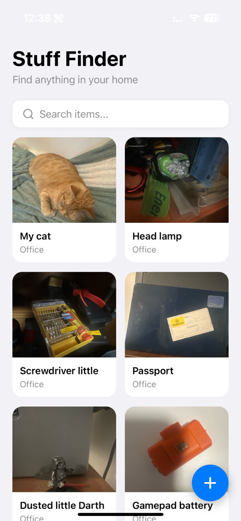 Easy Find My Stuff - Easy Find My Stuff app interface showing a searchable grid of household items categorized by room location
