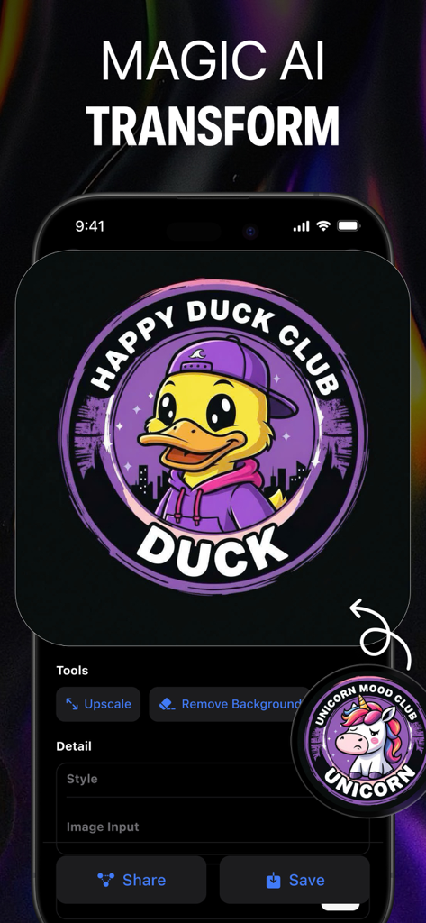 AI Logo Maker Brand Generator - Tela do aplicativo AI logo maker mostrando logotipos de mascotes de desenhos animados e recursos de edição