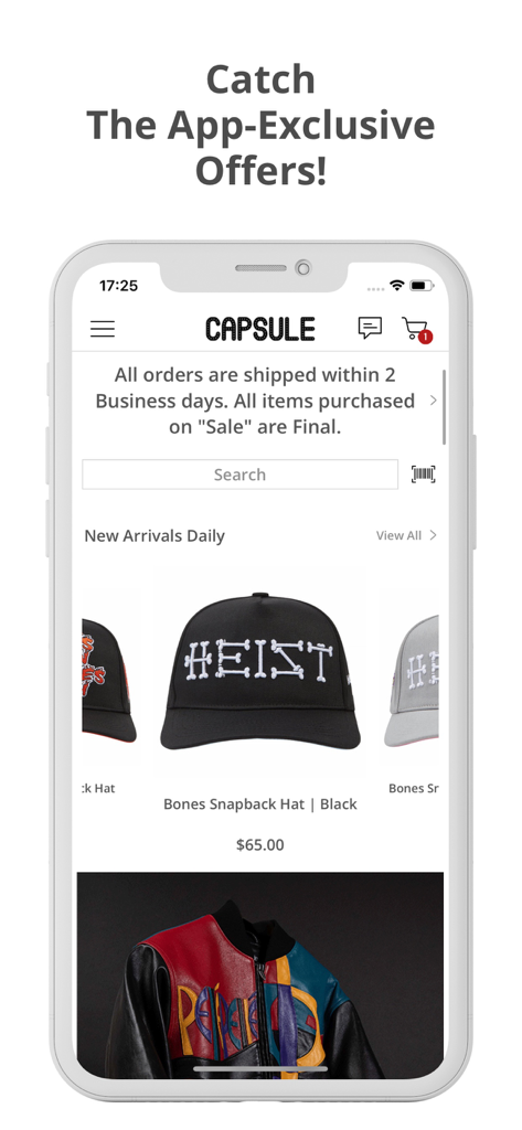 Capsule Clothing Store app interface showing new arrivals and app-exclusive offers