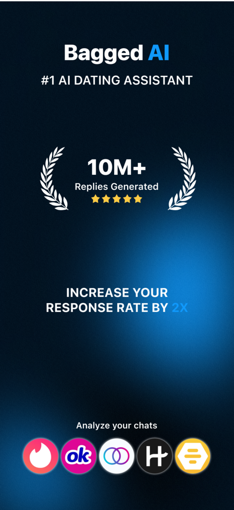 Bagged AI: Pickup Lines & Rizz - Interface do aplicativo assistente de namoro Bagged AI mostrando 10 milhões de respostas geradas e integração com aplicativos de namoro populares como Tinder e Bumble.