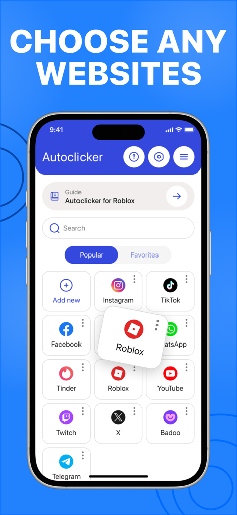 Auto Clicker: Click Automatic - iPhone screen showing the Auto Clicker app interface with a grid of popular website icons including Roblox, Instagram, and TikTok.