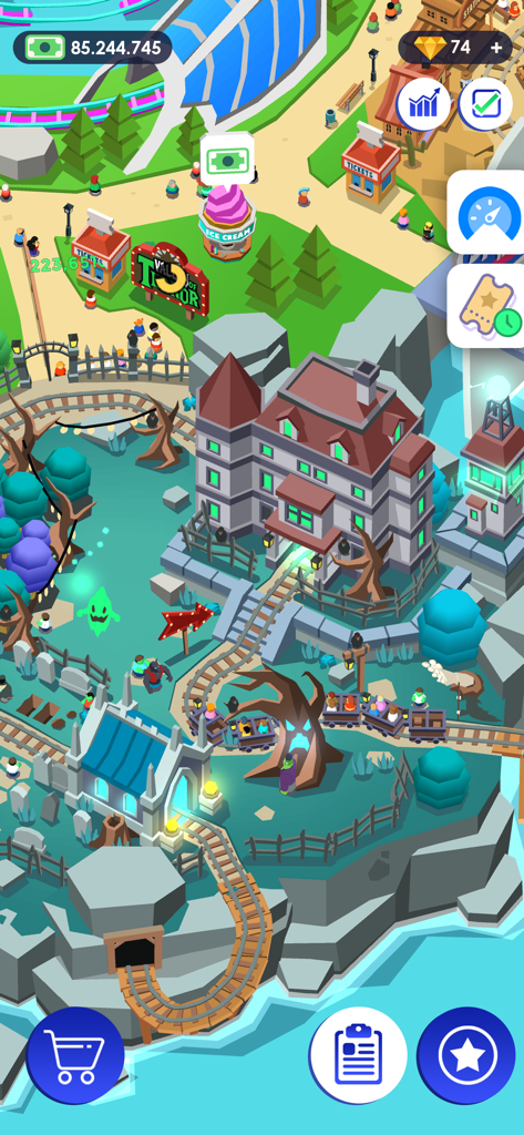 A spooky haunted mansion ride and horror house attraction in Idle Theme Park Tycoon