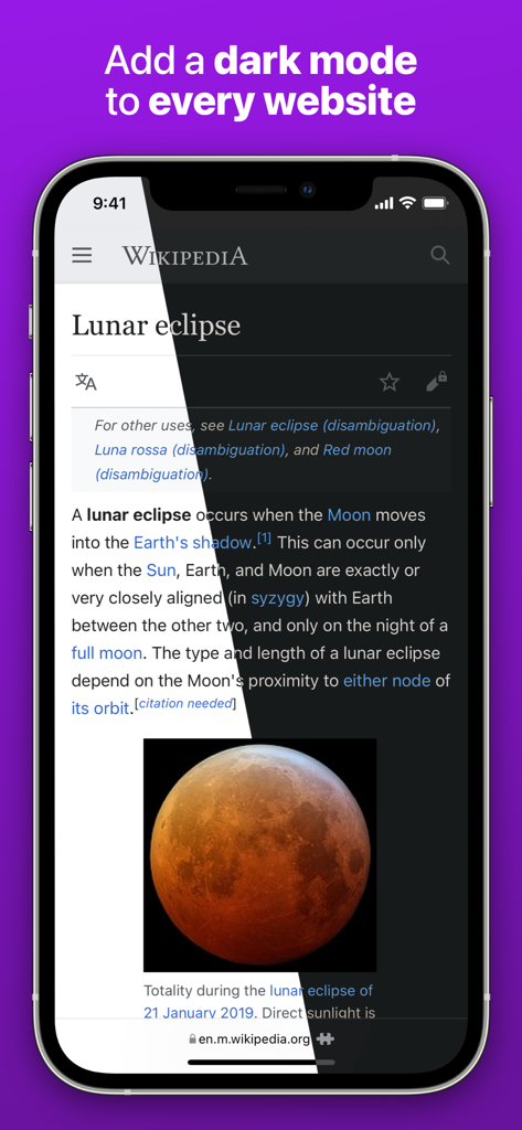 Noir - Dark Mode for Safari - Safariで表示されたWikipediaページのライトモードとNoirダークモードの比較を示す分割画面