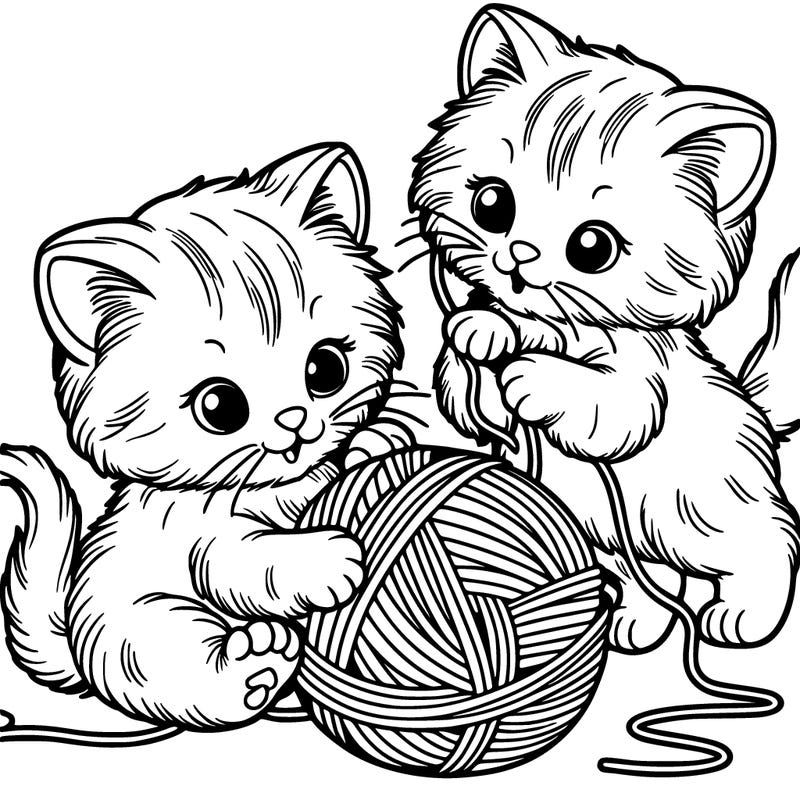 2 fluffy kittens that are playing with a yarn ball