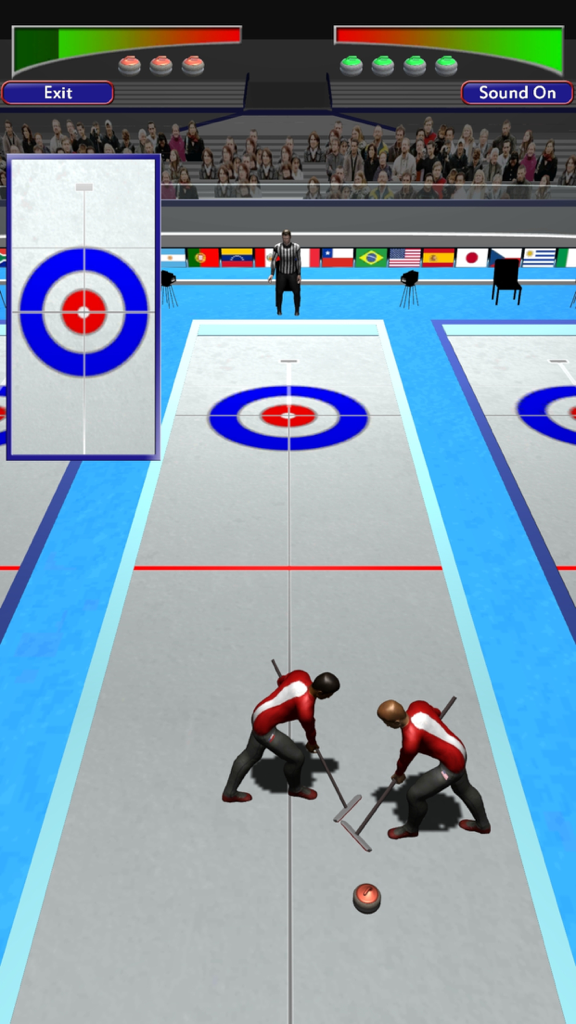 Curling OnLine mobile game interface showing players sweeping a stone on ice