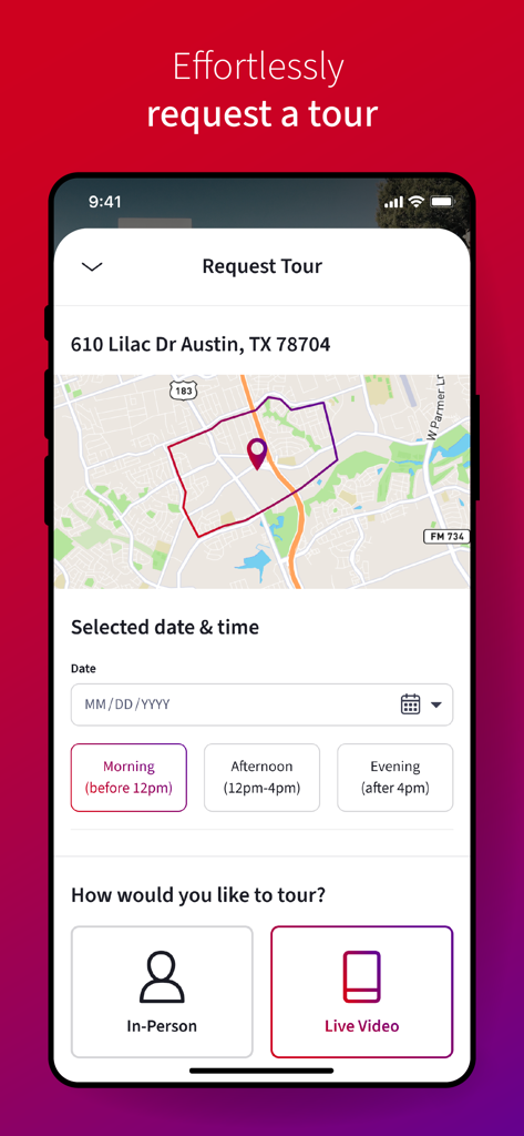 KW Real Estate - KW Real Estate app screen showing a request tour form with options for in-person or live video tours