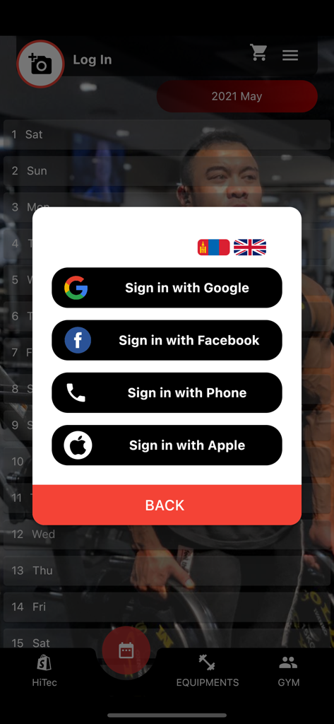 Goku Gym - Pantalla de inicio de sesión de la aplicación de fitness Goku Gym que muestra opciones para iniciar sesión con Google Facebook teléfono y Apple