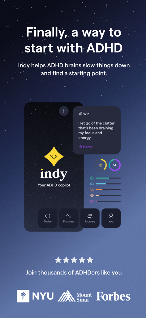 Indy: Your ADHD Copilot - Indy ADHD Copilot app dashboard showing progress tracking and daily wins for neurodivergent users