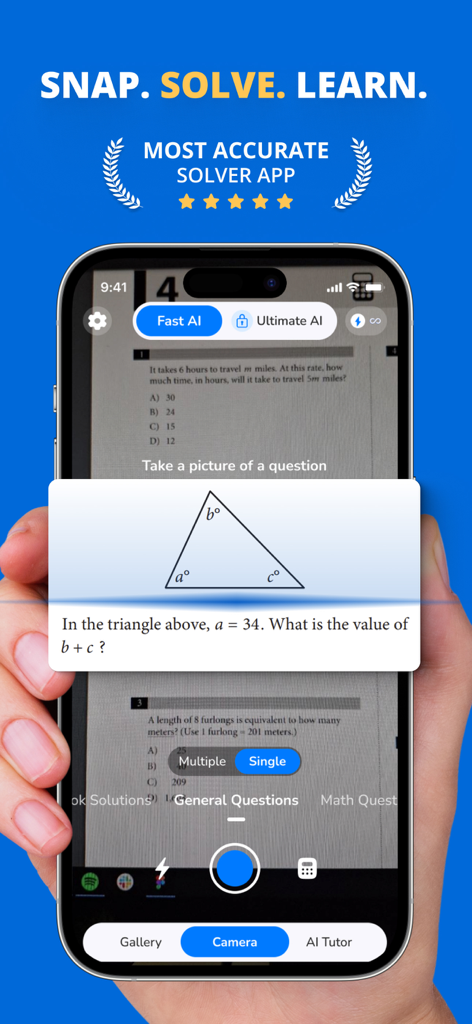 PhotoSolve app interface scanning a geometry math problem with a smartphone camera