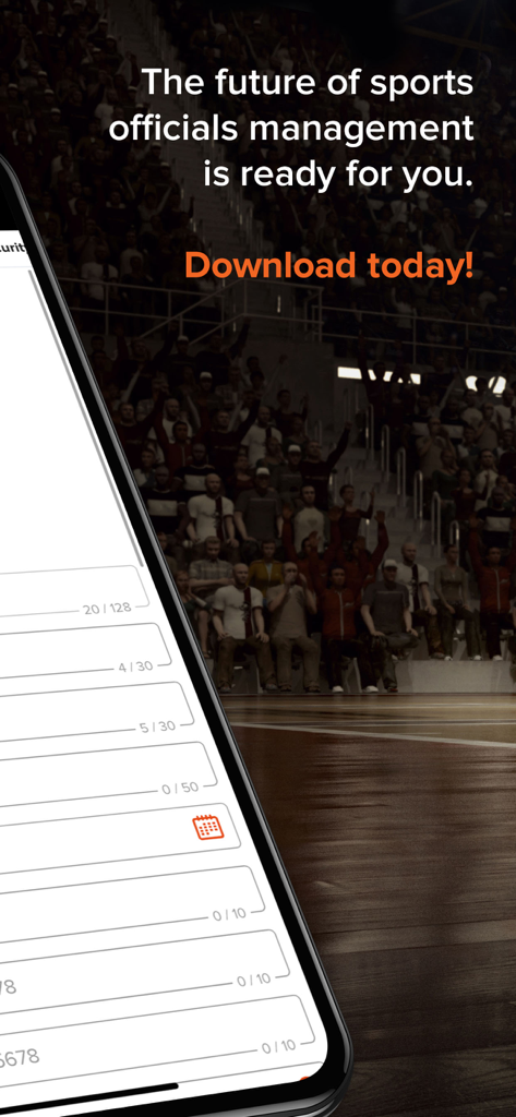 Interface de l'application Refbook pour la gestion des arbitres sportifs avec un arrière-plan de stade