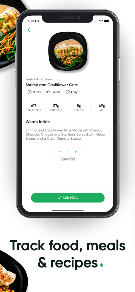 FitGenie app screen displaying nutritional macros for a shrimp and cauliflower grits meal