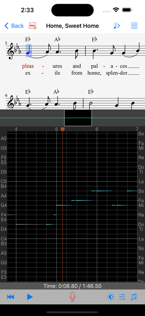 A screenshot of the Singscope app showing a real-time pitch graph synchronized with digital sheet music for Home Sweet Home