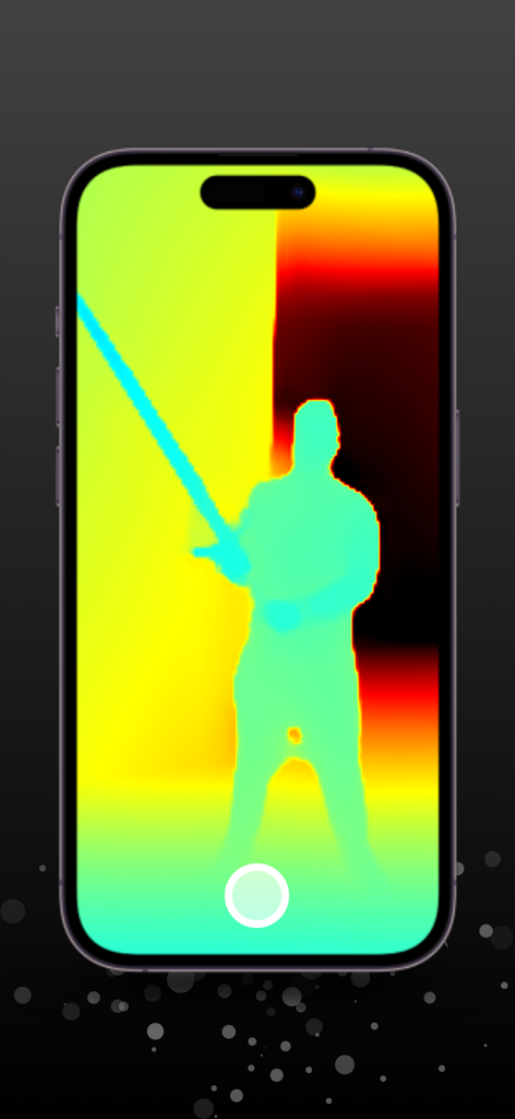 Una pantalla de iPhone muestra una silueta de persona a través de un vibrante filtro de mapa de calor de detección de profundidad utilizando tecnología LiDAR