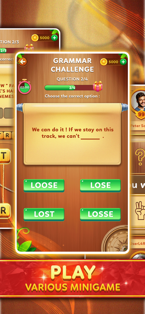 Word Hidden Games - Uma tela de desafio de gramática em Jogos de Palavras Escondidas pedindo aos jogadores para escolher a palavra correta para completar uma frase.