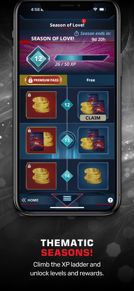 Marvel Collect app screen showing the thematic seasons feature with XP ladder and rewards