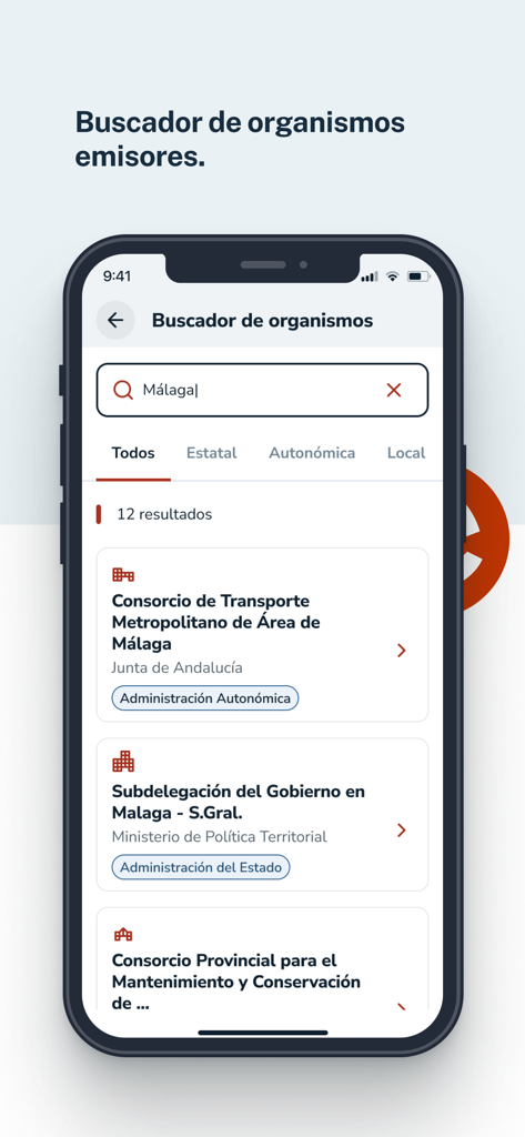 Interface of the Notifica App showing a search bar for government issuing bodies with results for Malaga