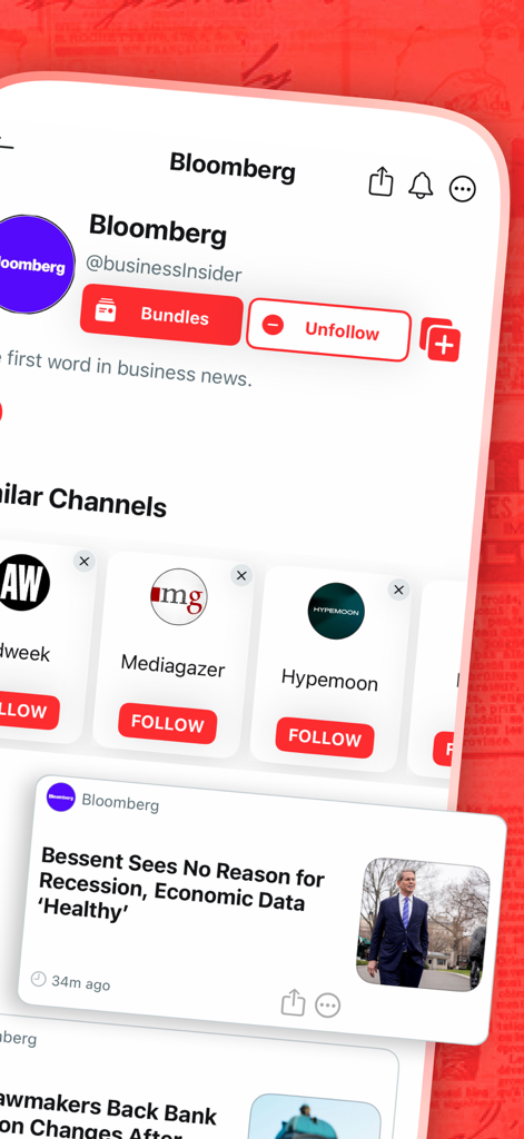 Newsreadeck: AI News Reader - NewsreadeckアプリのインターフェースにBloombergのニュースチャンネルプロファイルが表示され、同様のソースをフォローするオプションが表示されている