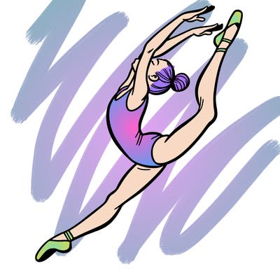 gymnast doing a leap in a leotard with a bent back leg