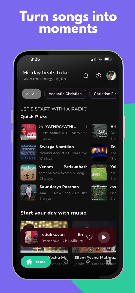 GloryfyMusic: Praise & Worship - Pantalla de inicio de la aplicación GloryfyMusic que muestra canciones de adoración cristianas curadas y la sección de Selección Rápida.