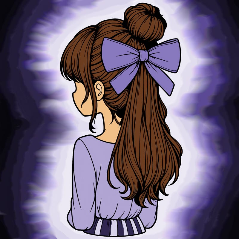 realistic girl  with hip length hair a bun and a big bow on the back of head