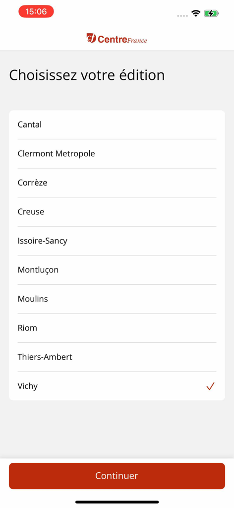 Selection screen for regional news editions in the Centre France Le Journal app
