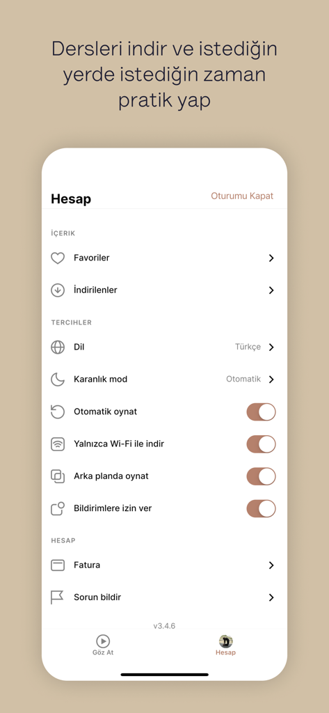 User account settings screen of the Flov Studio yoga and meditation app showing personalization options and download preferences.