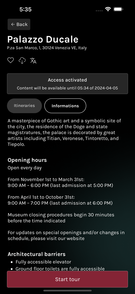 MuVe - Pantalla de información de la app MuVe para el Palacio Ducal con horarios de apertura y detalles de accesibilidad arquitectónica