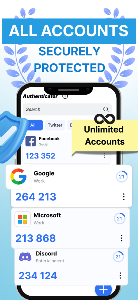 Authenticator App-Oberfläche, die 2FA-Codes für mehrere Konten anzeigt, darunter Google und Microsoft