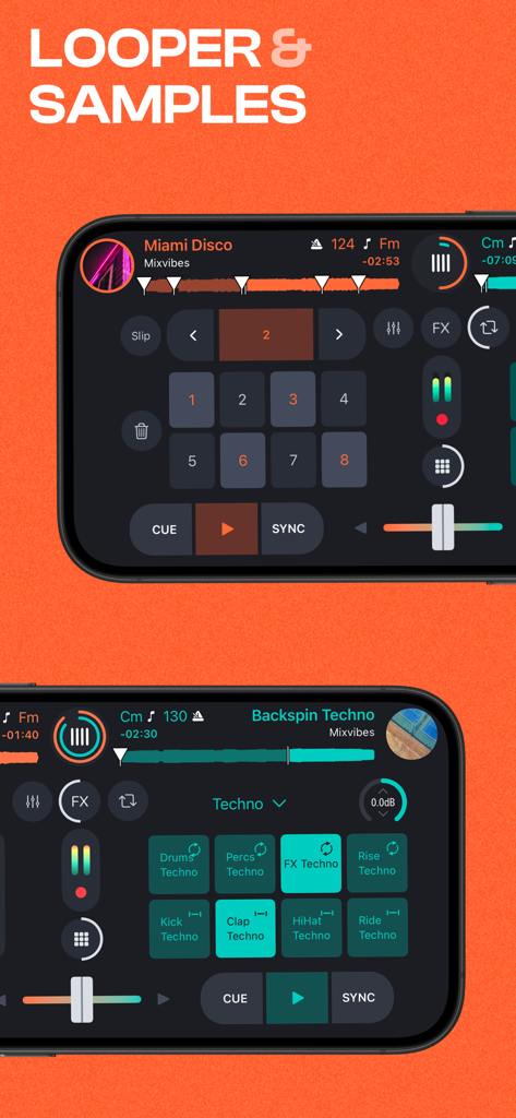 Cross DJ app interface displaying looper pads and sampler triggers for electronic music production.