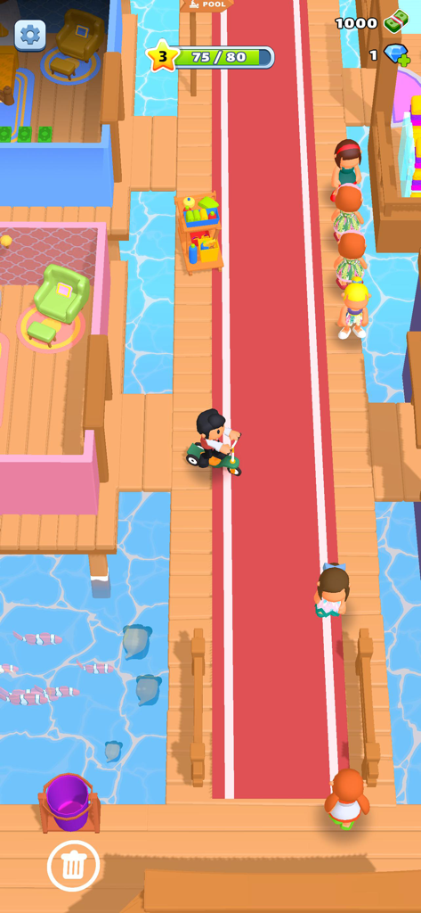 My Beach Resort! - Un personaje conduciendo una moto scooter verde por una alfombra roja en un resort de playa tropical en Maldivas