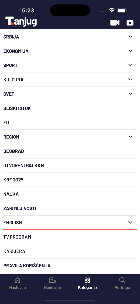 Tanjug - brze i pouzdane vesti - Lista de categorías de noticias en la aplicación móvil de Tanjug, incluyendo Serbia, Economía, Deporte y Cultura
