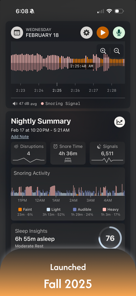 Snore Timeline - Snore Timeline app dashboard showing nightly sleep summary with snore detection metrics snoring activity levels and sleep score