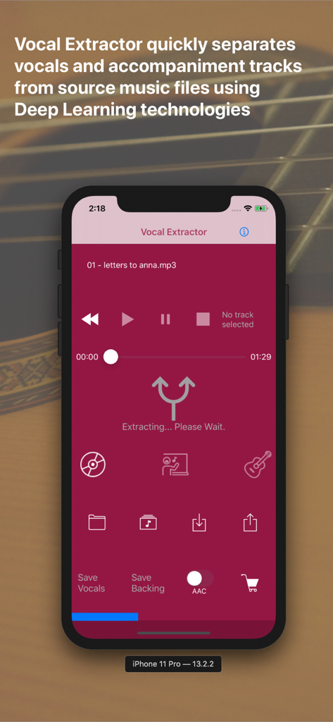 Vocal Extractor -Karaoke maker - Interfaccia dell'app Estrattore Vocale che mostra la separazione IA di voci e basi
