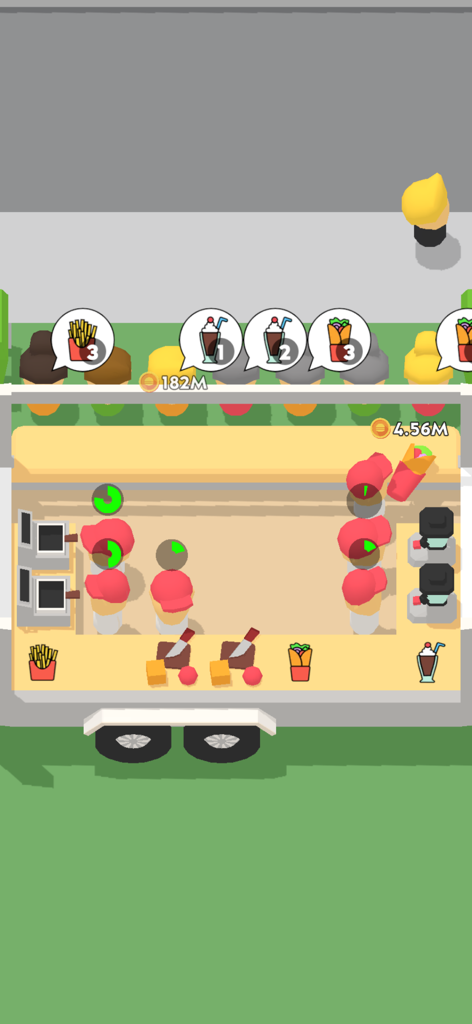 Top down view of a food truck with workers and customer orders in the Eatventure game