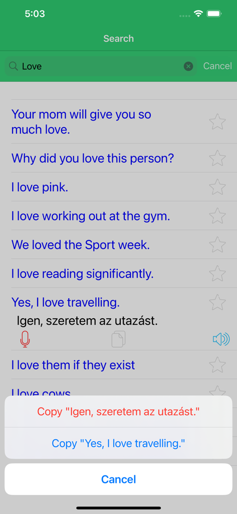 Learn Hungarian Premium - Resultados de búsqueda de frases en la aplicación Aprende Húngaro Premium que muestran traducciones y un menú de copia