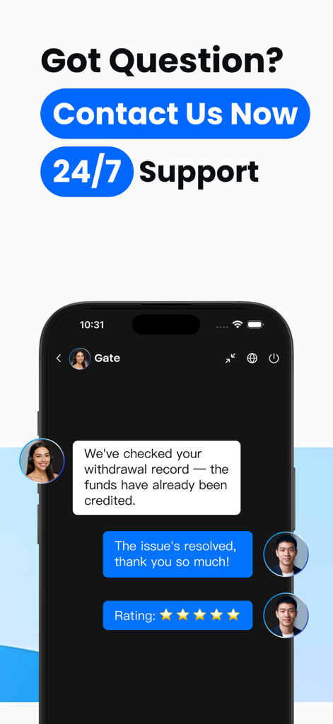 Gate: Trade BTC & ETH - Gate.io 모바일 앱 인터페이스에 24시간 고객 지원 채팅이 표시되어 있으며, 해결된 문제와 별점 5개가 표시되어 있습니다.