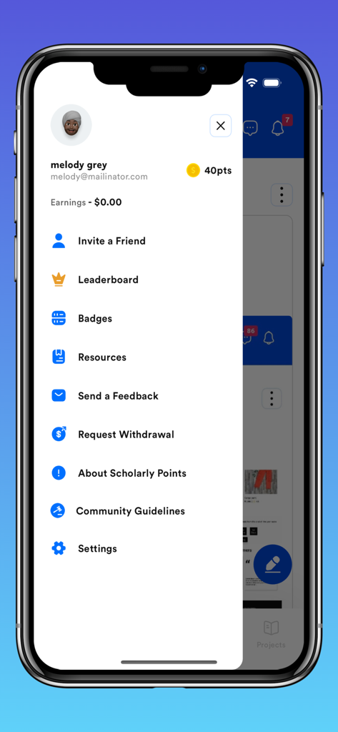 Scholarly: Earn as you grow - User profile menu in the Scholarly app showing earnings and points