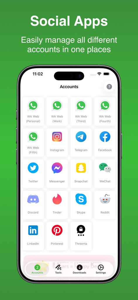 Interface de l'application Web Scan - Dual Chat montrant une grille d'icônes de divers comptes de médias sociaux et de messagerie pour la gestion multi-comptes.