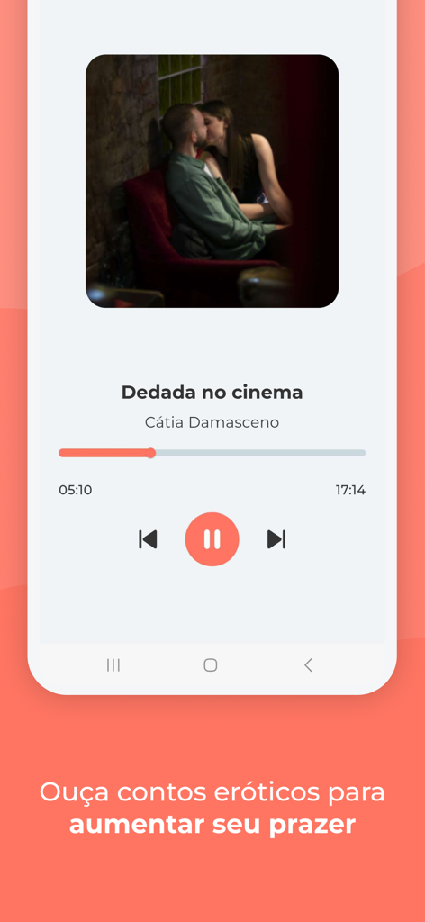 Aperta e Solta - Audio player interface in the Aperta e Solta app featuring an erotic story narrated by Catia Damasceno