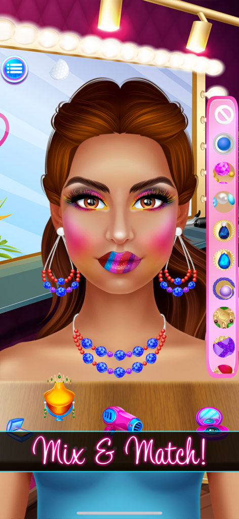 A character in a makeup game with colorful eye makeup and rainbow lips wearing blue and red jewelry