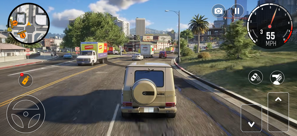 Car Driving City Racing Games - A tan SUV driving through a city street in a 3D mobile racing game simulation