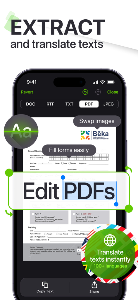 My Scanner: Scan to PDF & Edit - Écran de smartphone affichant l'interface de l'application My Scanner pour éditer des PDF et traduire le texte extrait d'un document.