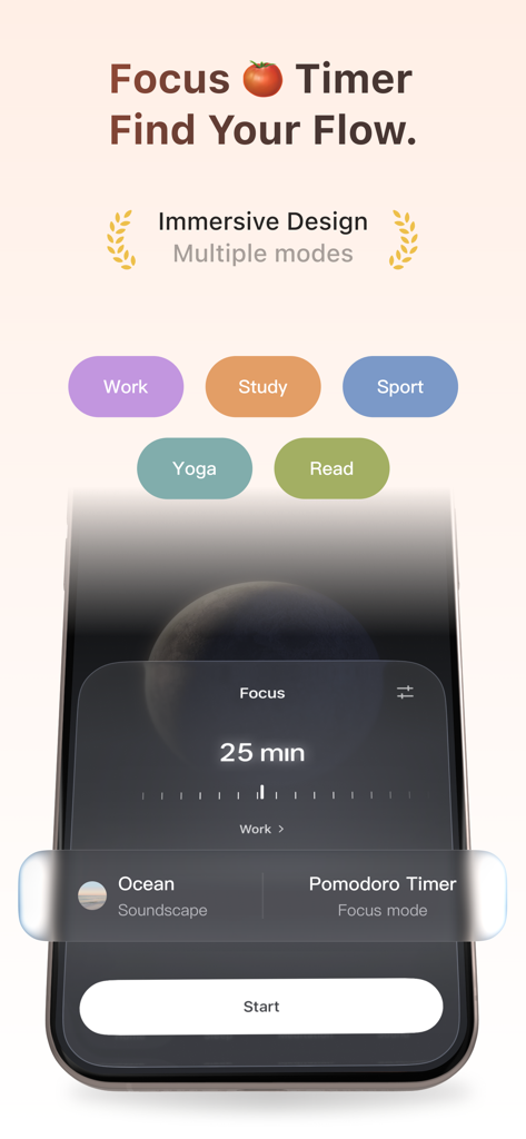 TIDE: Sleep, Focus, Meditation - TIDE app focus timer interface showing pomodoro mode with ocean soundscape and activity tags for work and study.