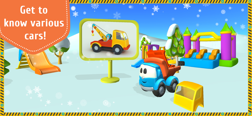 Leo the Truck in a snowy 3D playground next to a billboard displaying a tow truck
