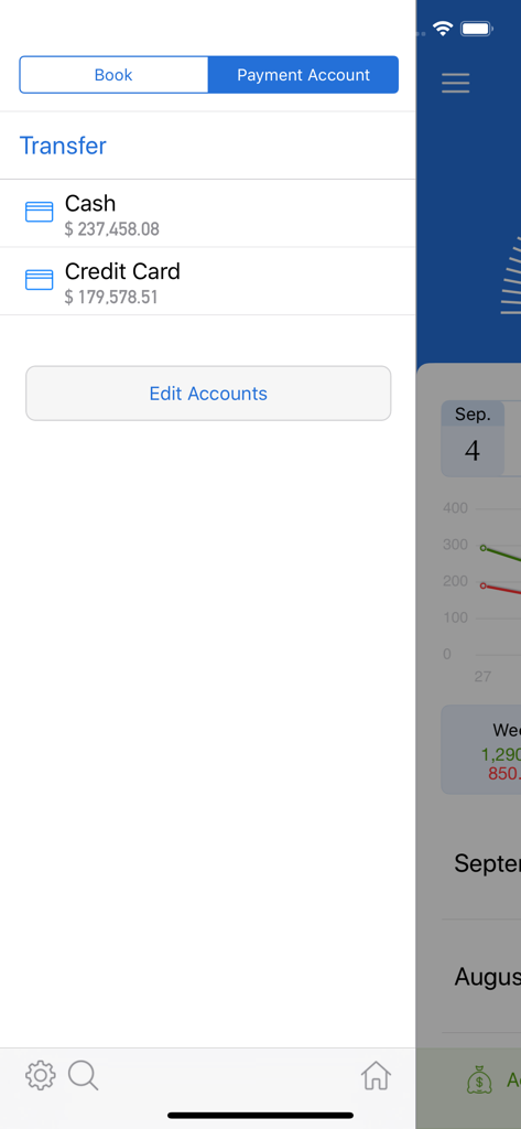Management screen for cash and credit card accounts in MoneyBook Pro